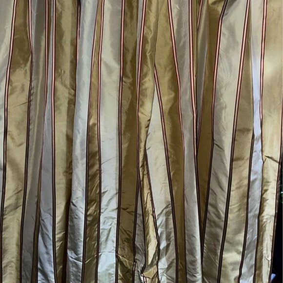 2 Custom-made Striped Weighted Rod Pocket Dupioni Silk Curtains w Button Details - Picture 2 of 11